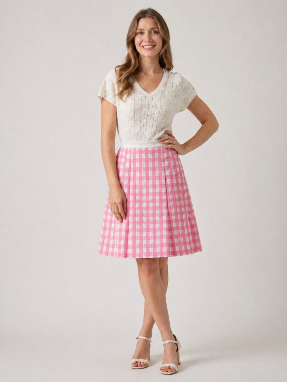 Vintage J Michael’s Cotton Gingham Midi Skirt | Pink Peach White Plaid | Pleated